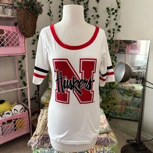 Nebraska Huskers Rhinestone Graphic Tee Medium Y2K Sporty Red White Top